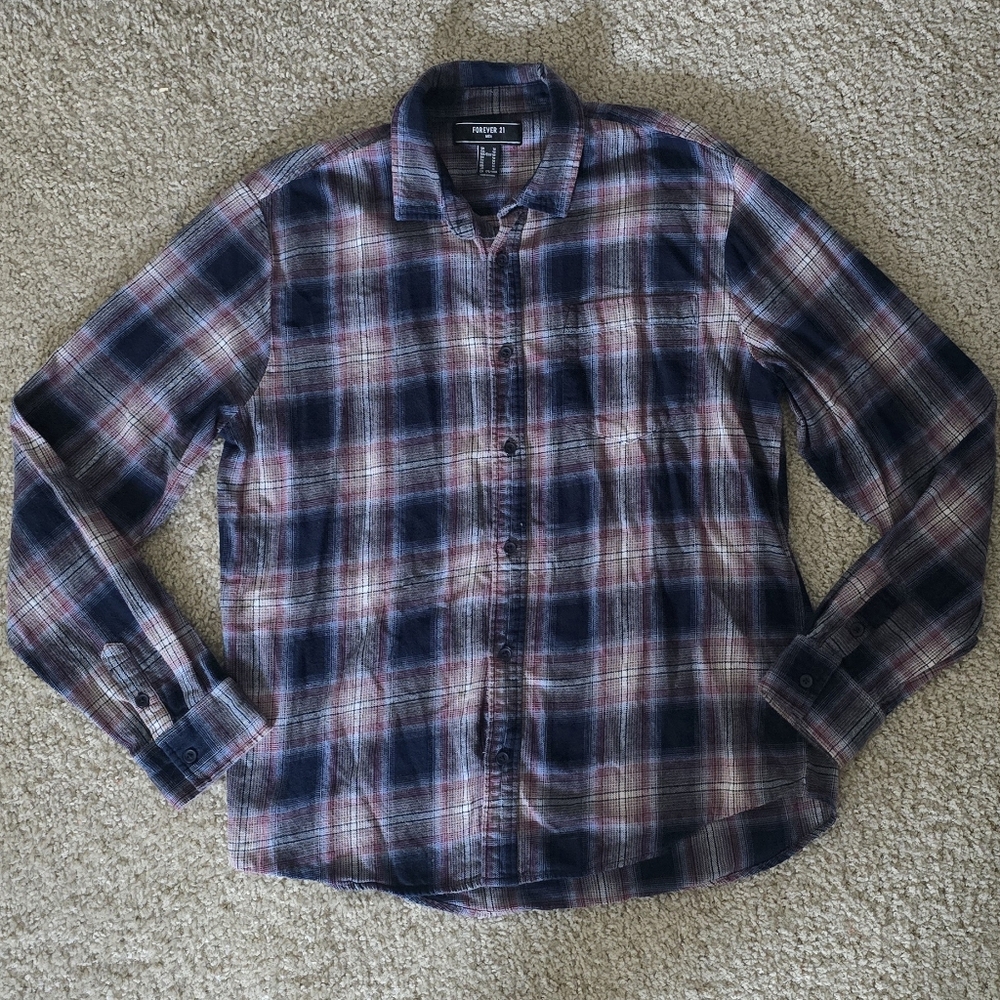 Forever 21 Men’s Navy, Purple & White Plaid Button-Down Shirt